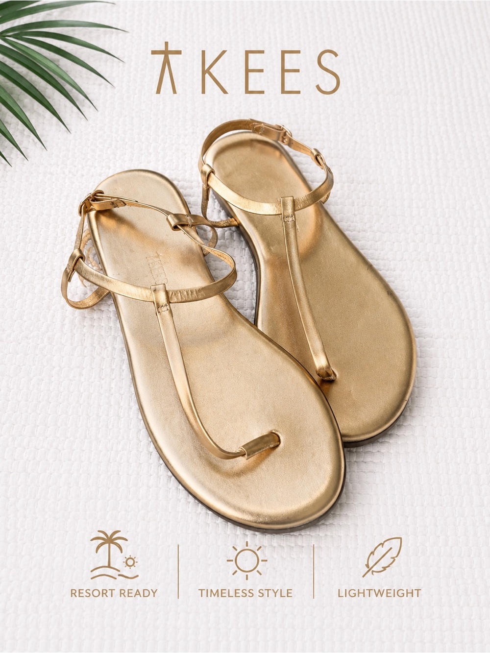 TKEES Gold Metallic T Strap Flat Sandals Size 10 Brazil Resort Vacation